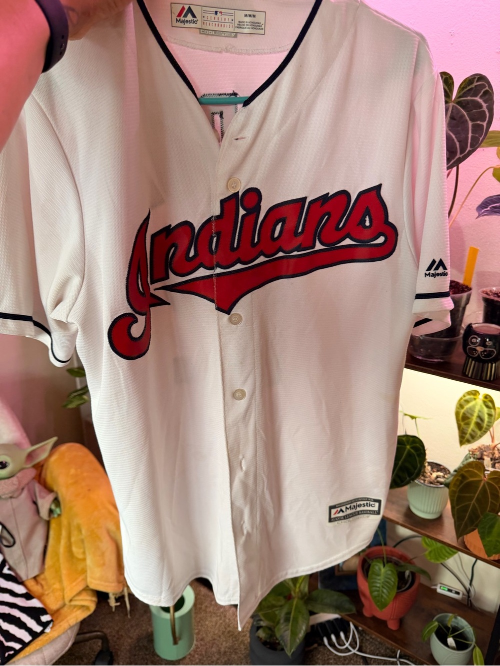 Majestic White Cleveland Indians Red & Navy Button Baseball Jersey